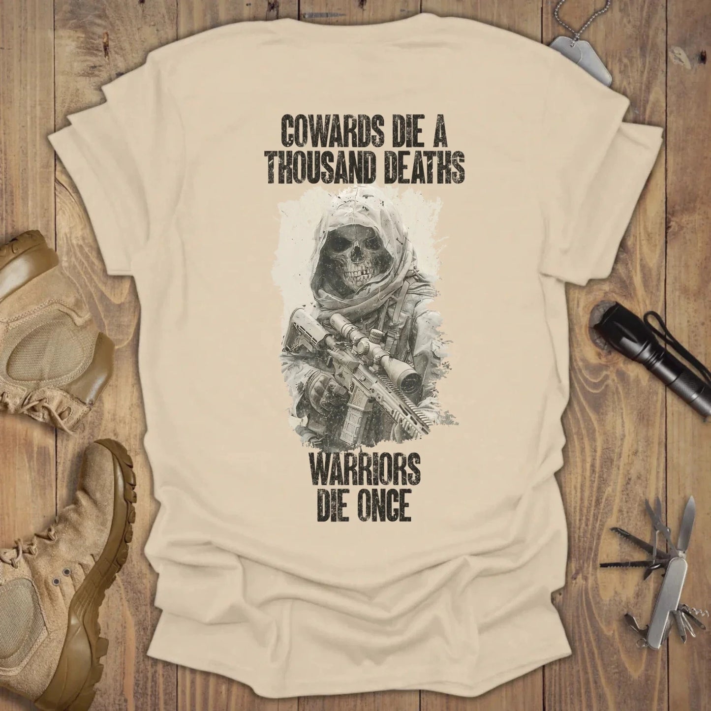 Warriors Die Once T-shirt Back Print Sand