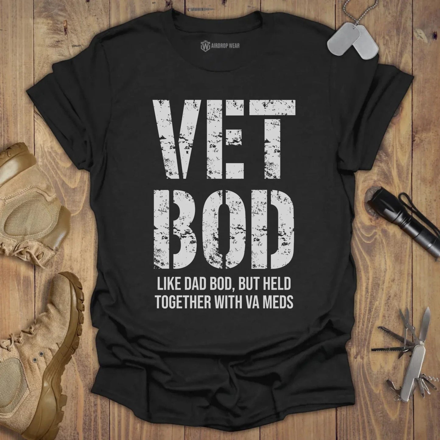Vet Bod Held Together With VA Meds T-shirt Black