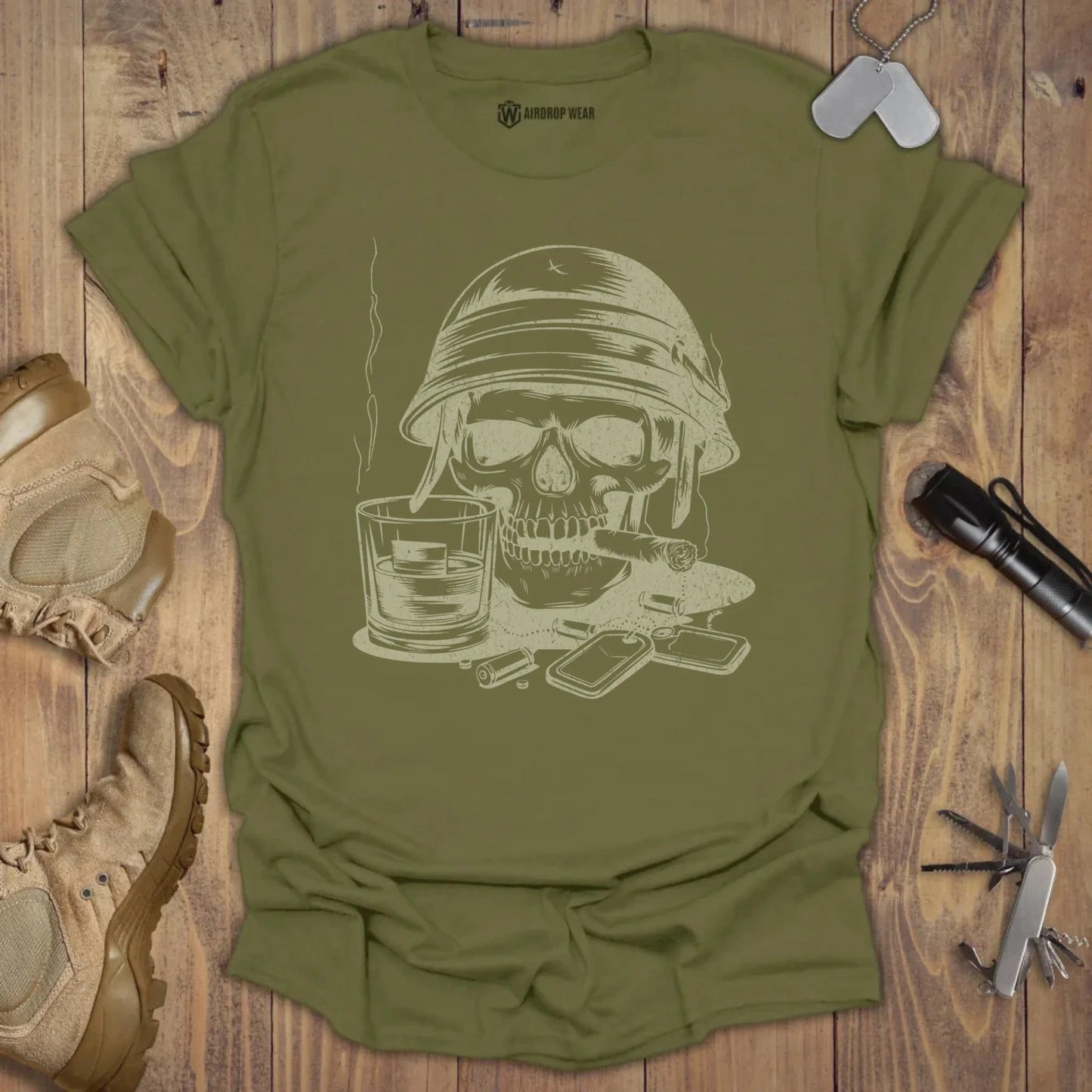 Whiskey Skull T-shirt Military Green