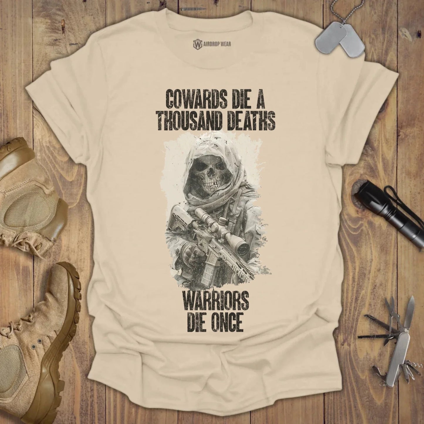 Warriors Die Once T-shirt Chest Print Sand