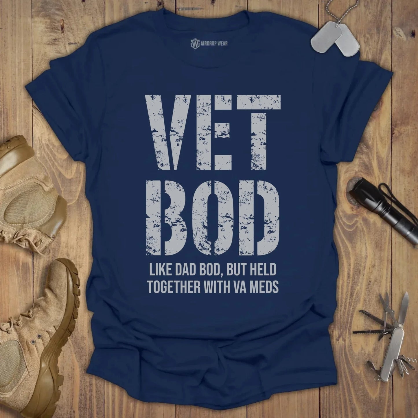 Vet Bod Held Together With VA Meds T-shirt Navy