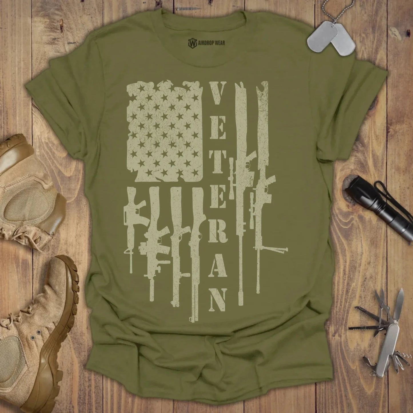 Guns Flag Veteran T-shirt Military Green