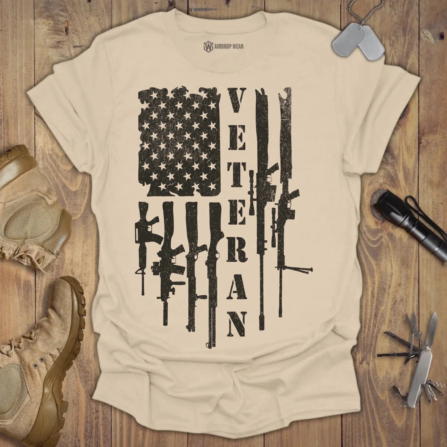 Guns Flag Veteran T-shirt Sand