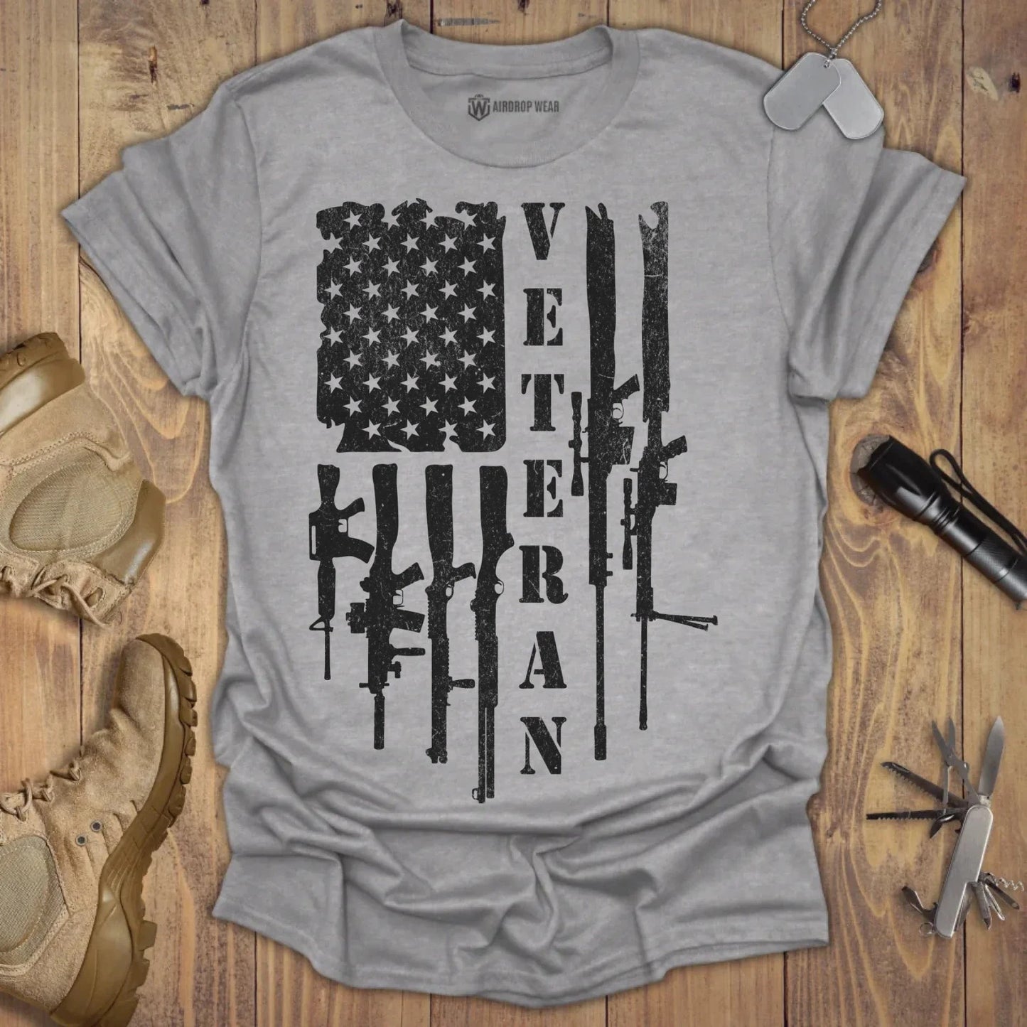 Guns Flag Veteran T-shirt Sport Grey