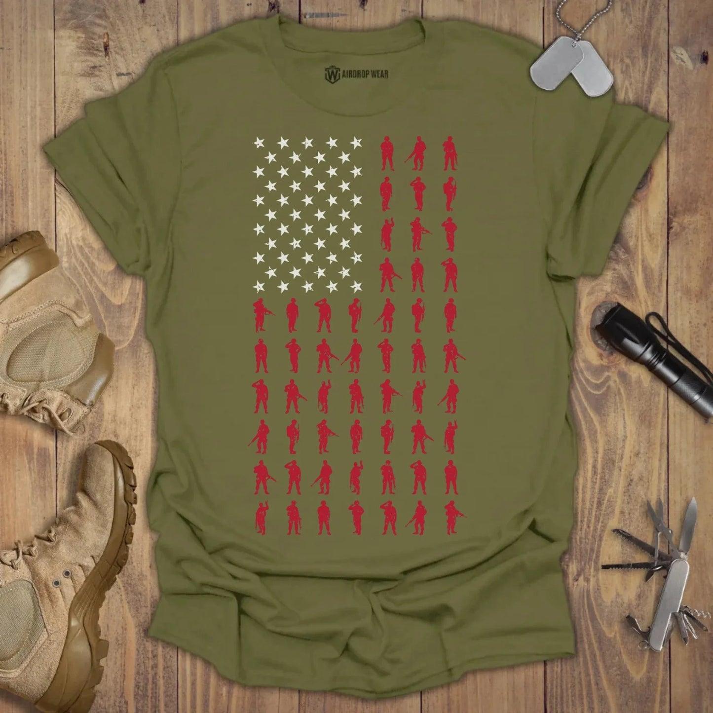 American Flag Soldiers T-shirt Military Green