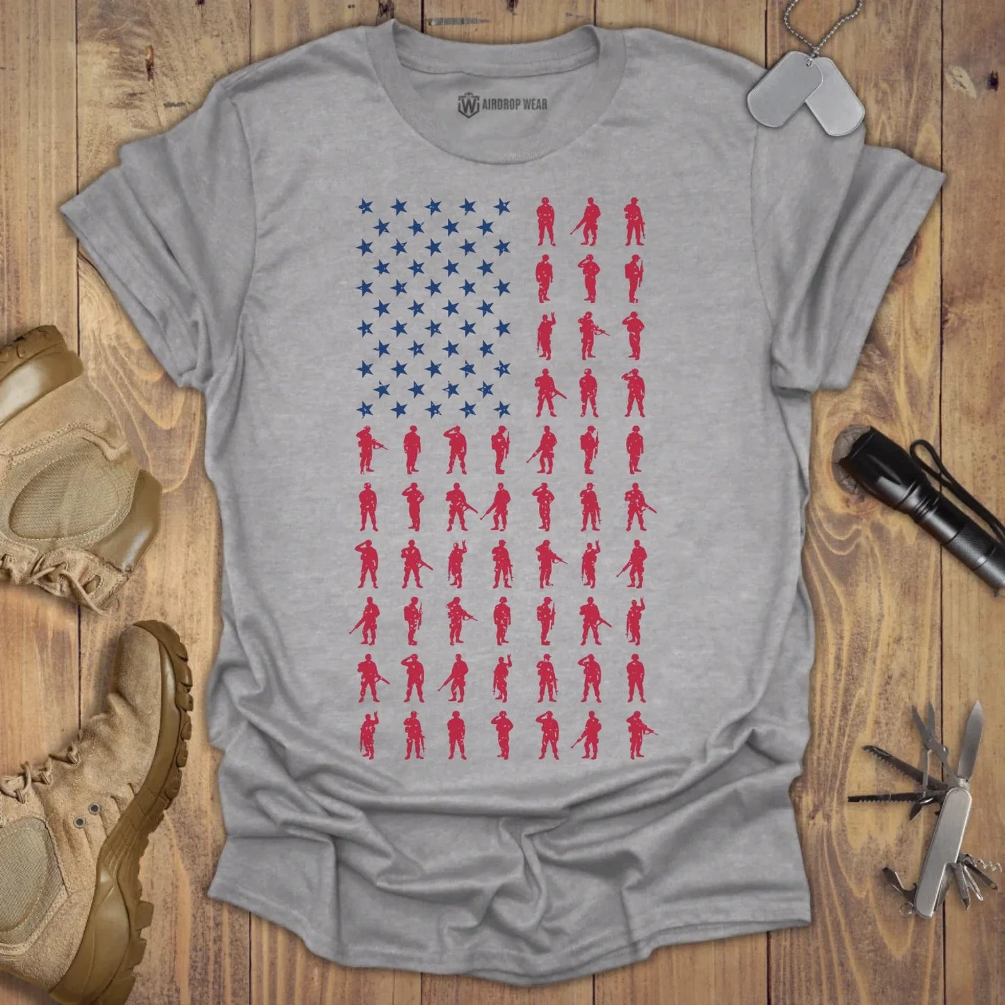 American Flag Soldiers T-shirt Sport Grey