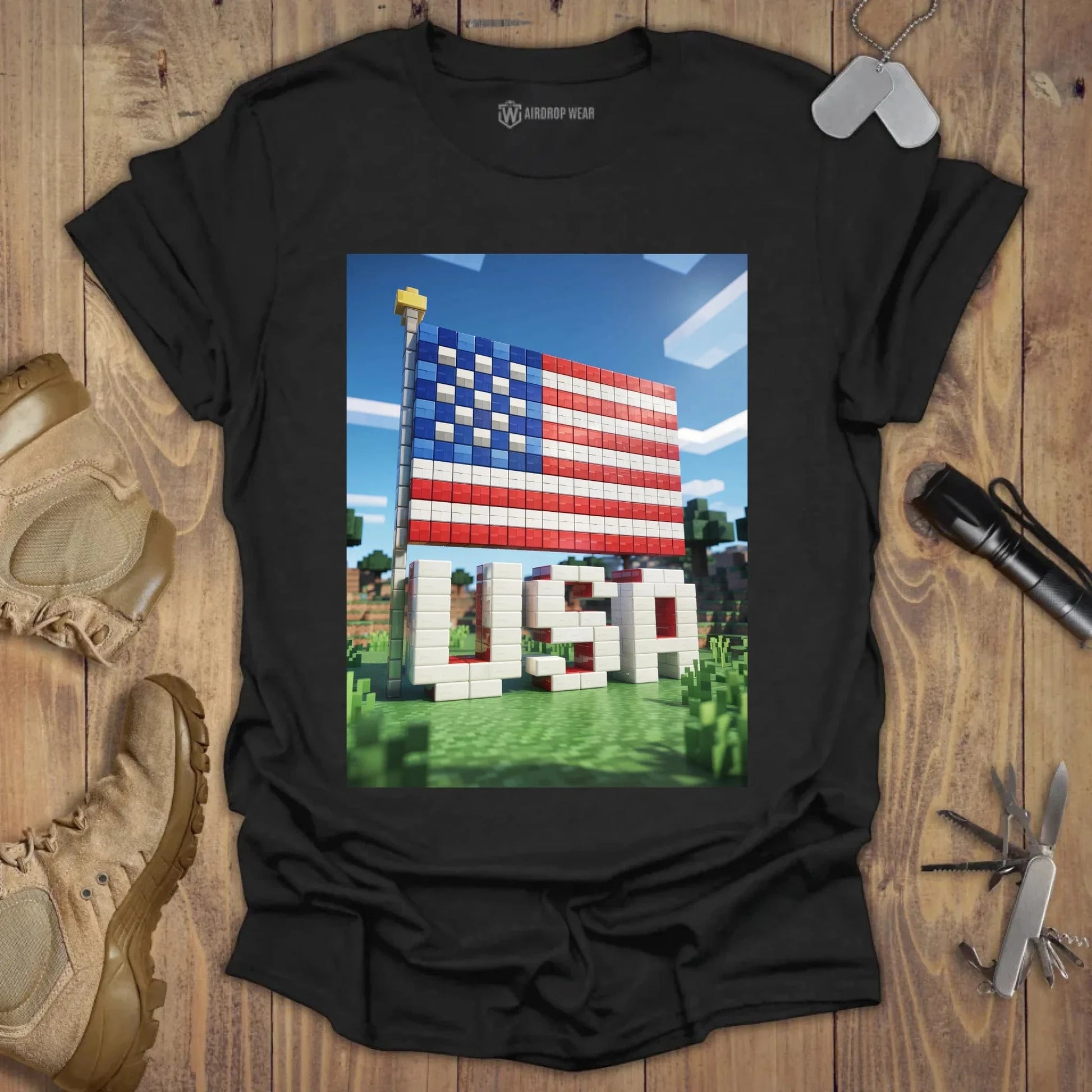 Pixel USA Flag T-shirt Black