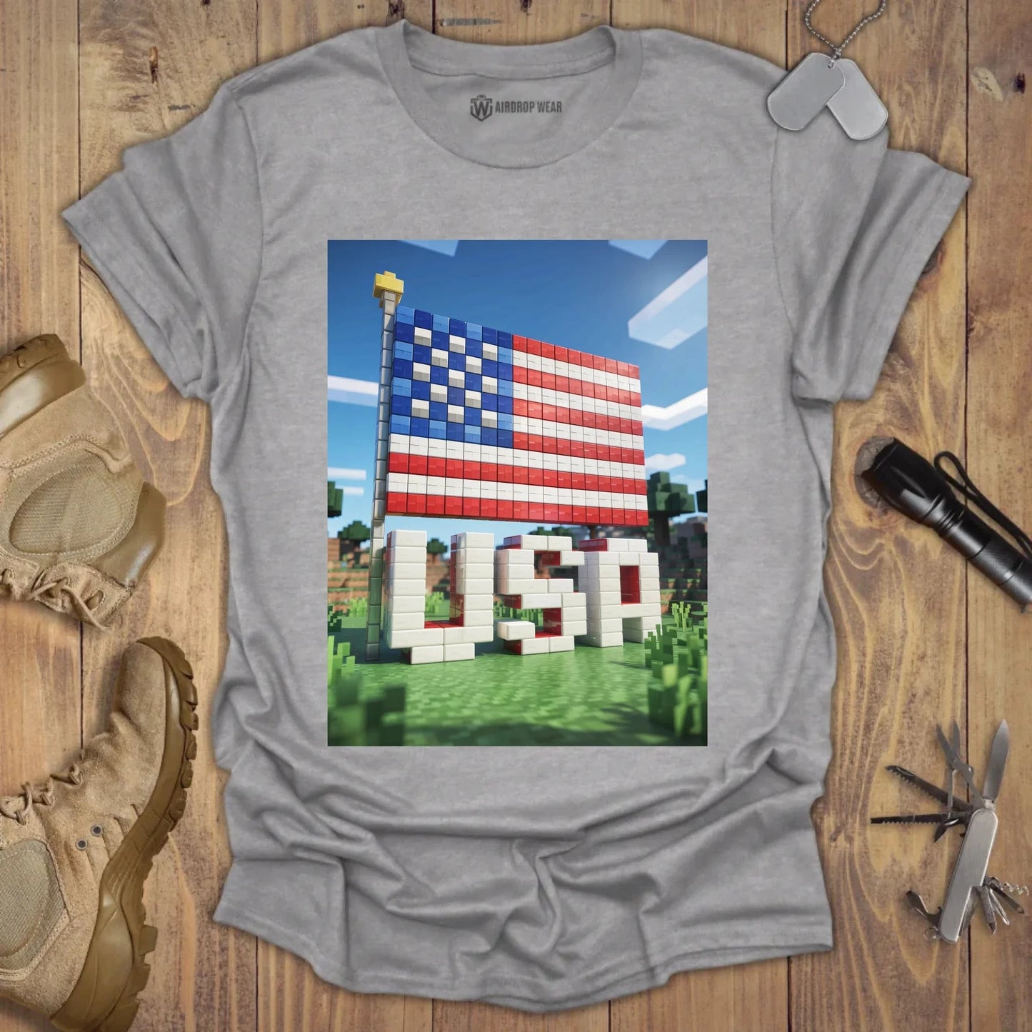 Pixel USA Flag T-shirt Sport Grey