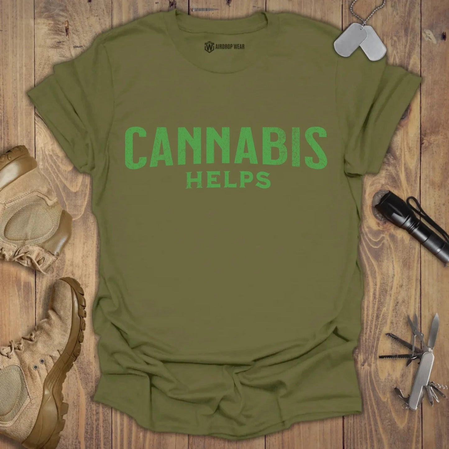 Cannabis Helps T-shirt Military Green