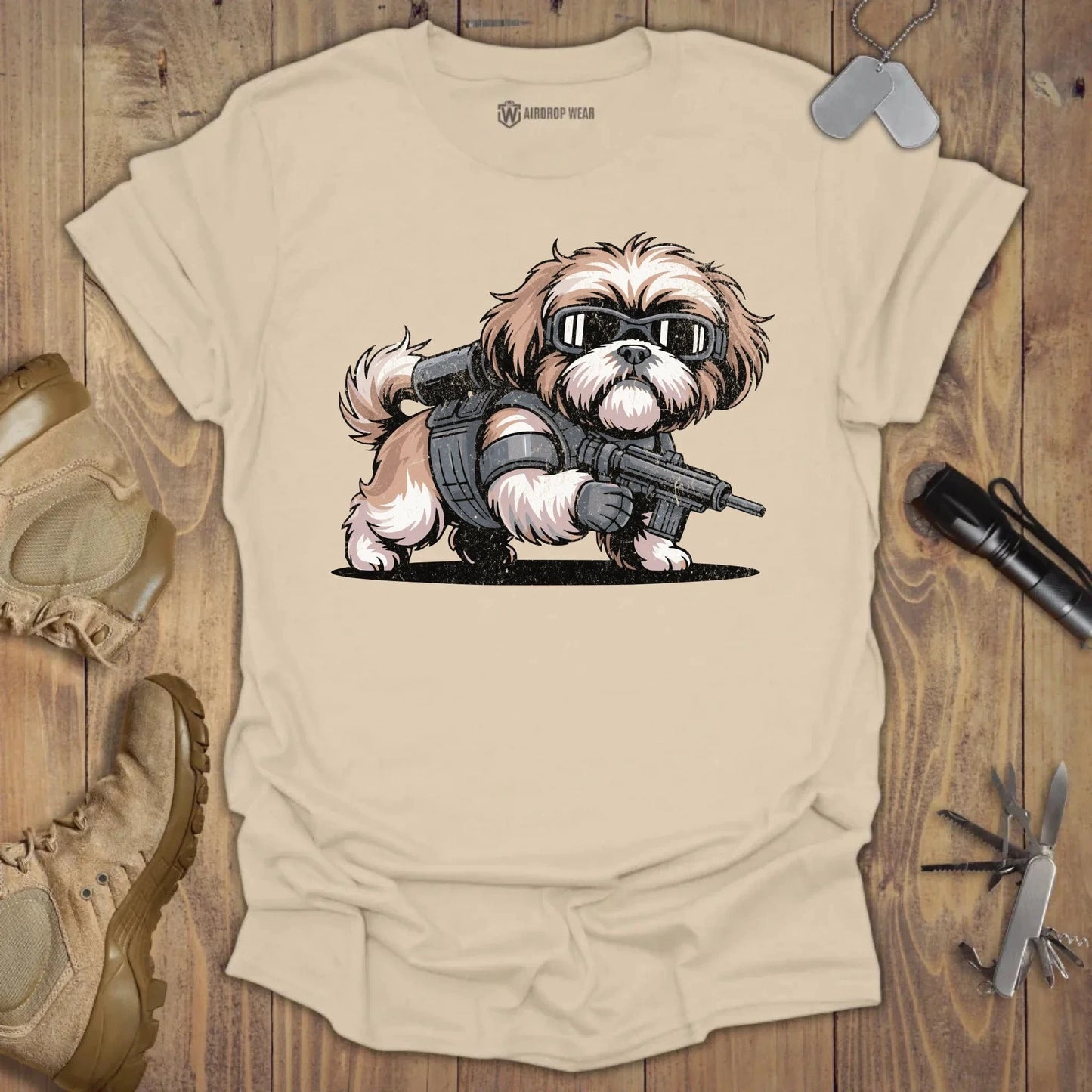 Tactical Shih Tzu T-shirt Sand