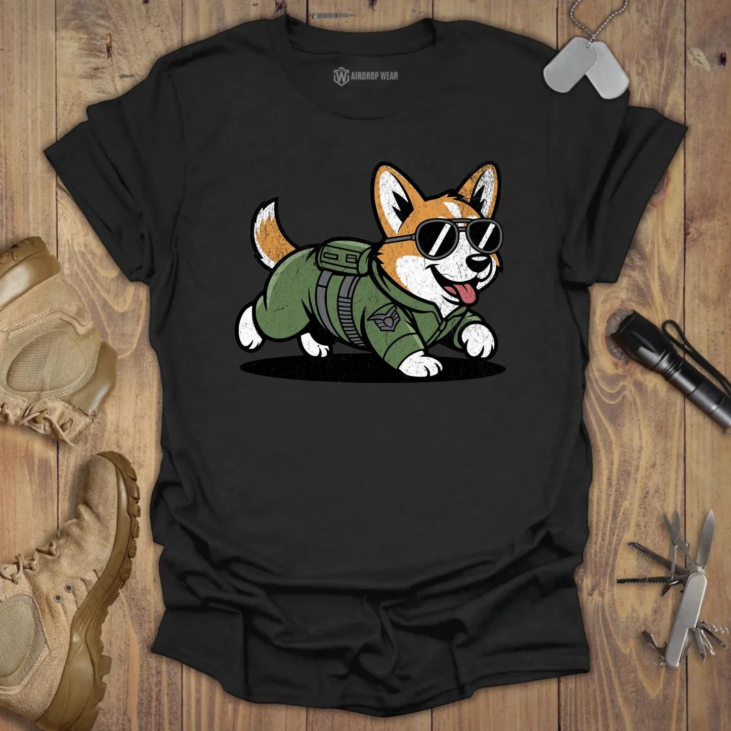 Fighter Pilot Corgi T-shirt Black