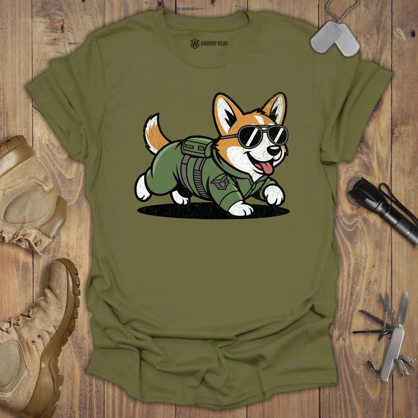 Fighter Pilot Corgi T-shirt Military Green