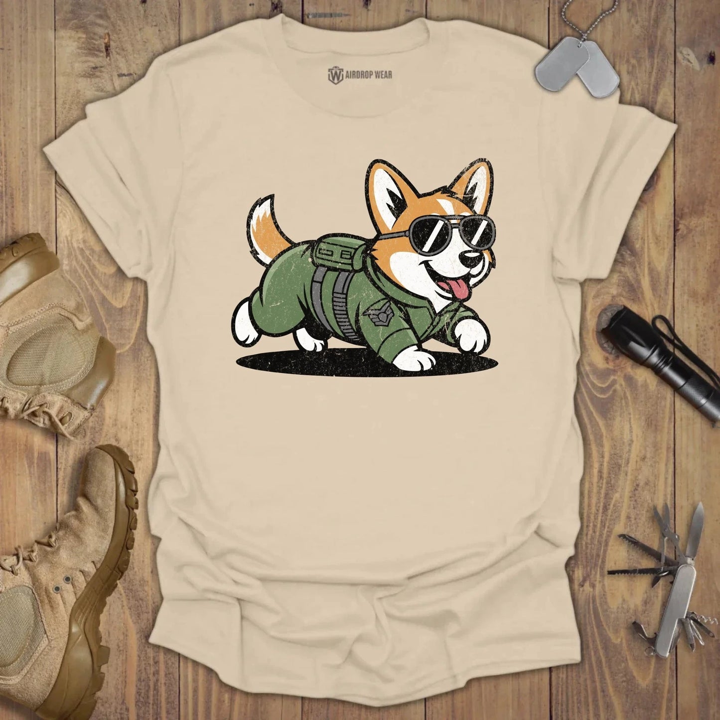 Fighter Pilot Corgi T-shirt Sand