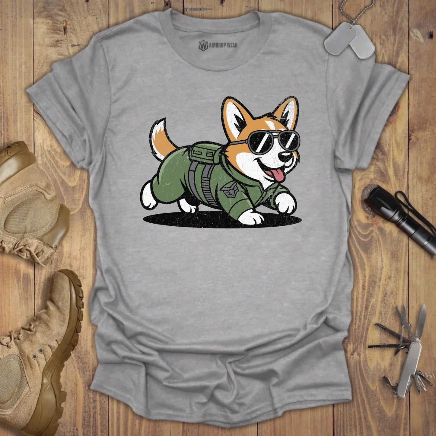Fighter Pilot Corgi T-shirt Sport Grey