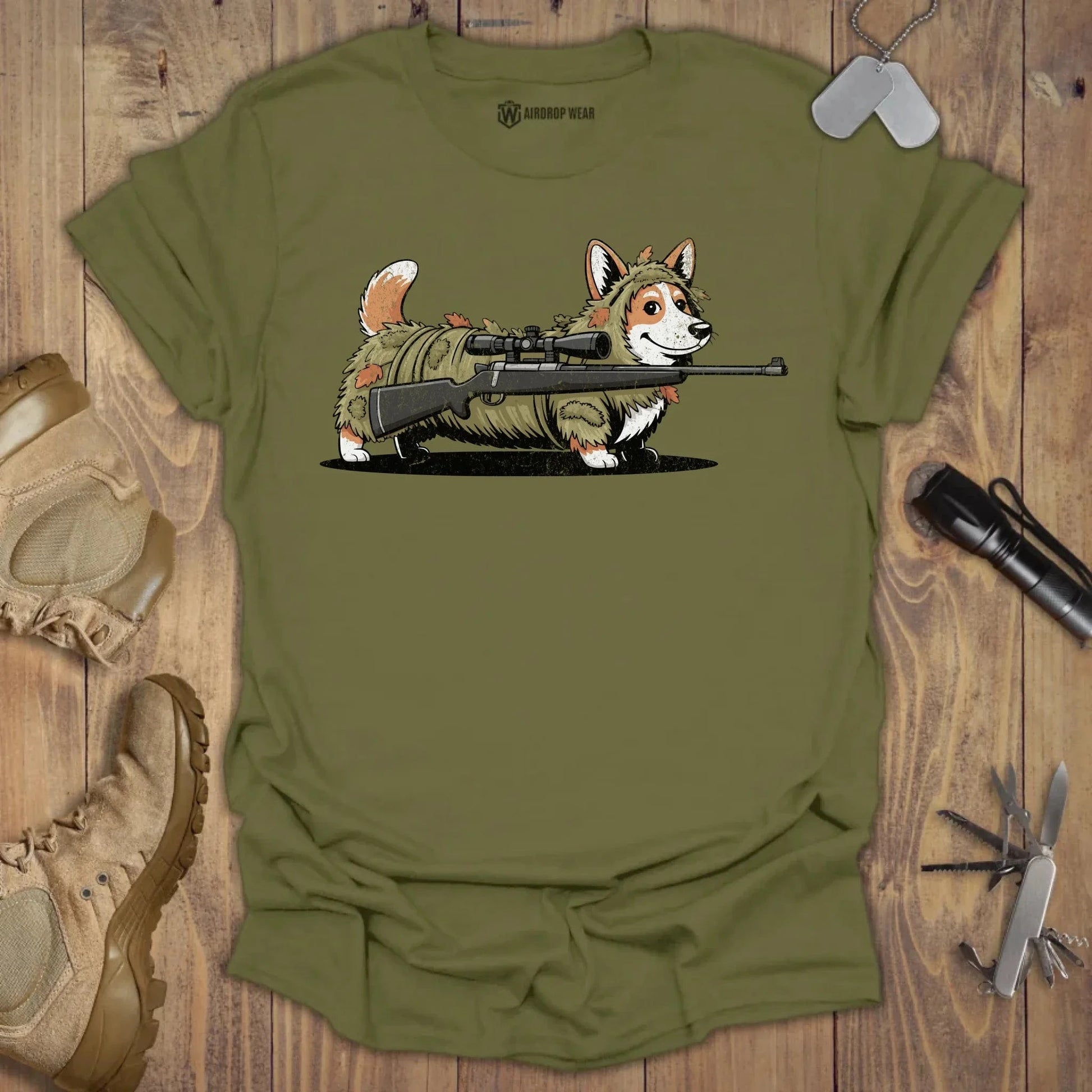 Sniper Corgi T-shirt Military Green