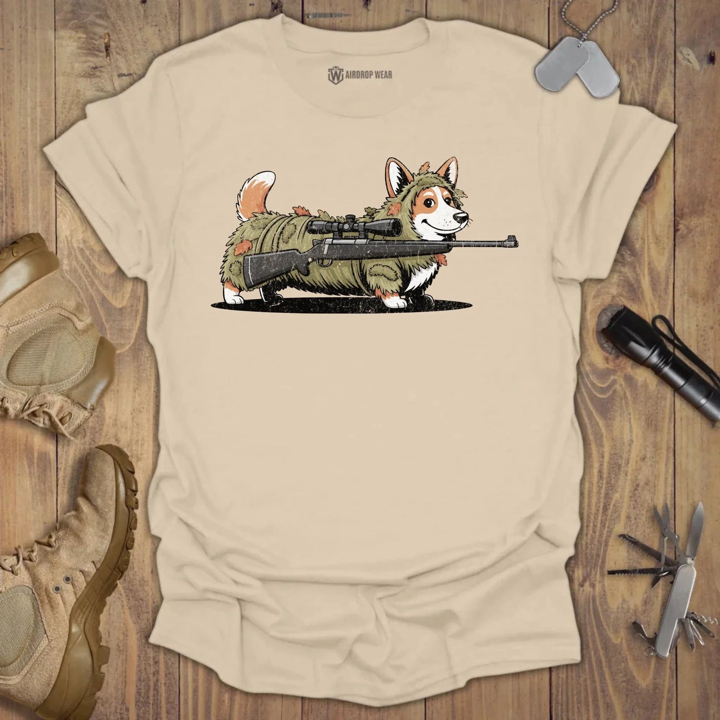 Sniper Corgi T-shirt Sand