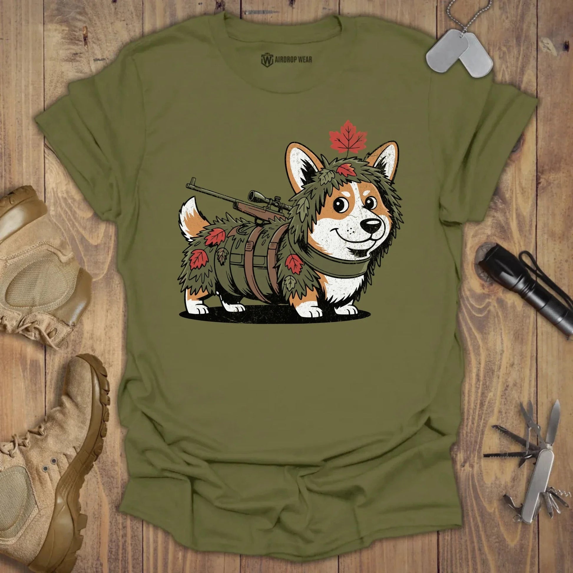 Sniper Corgi T-shirt Military Green