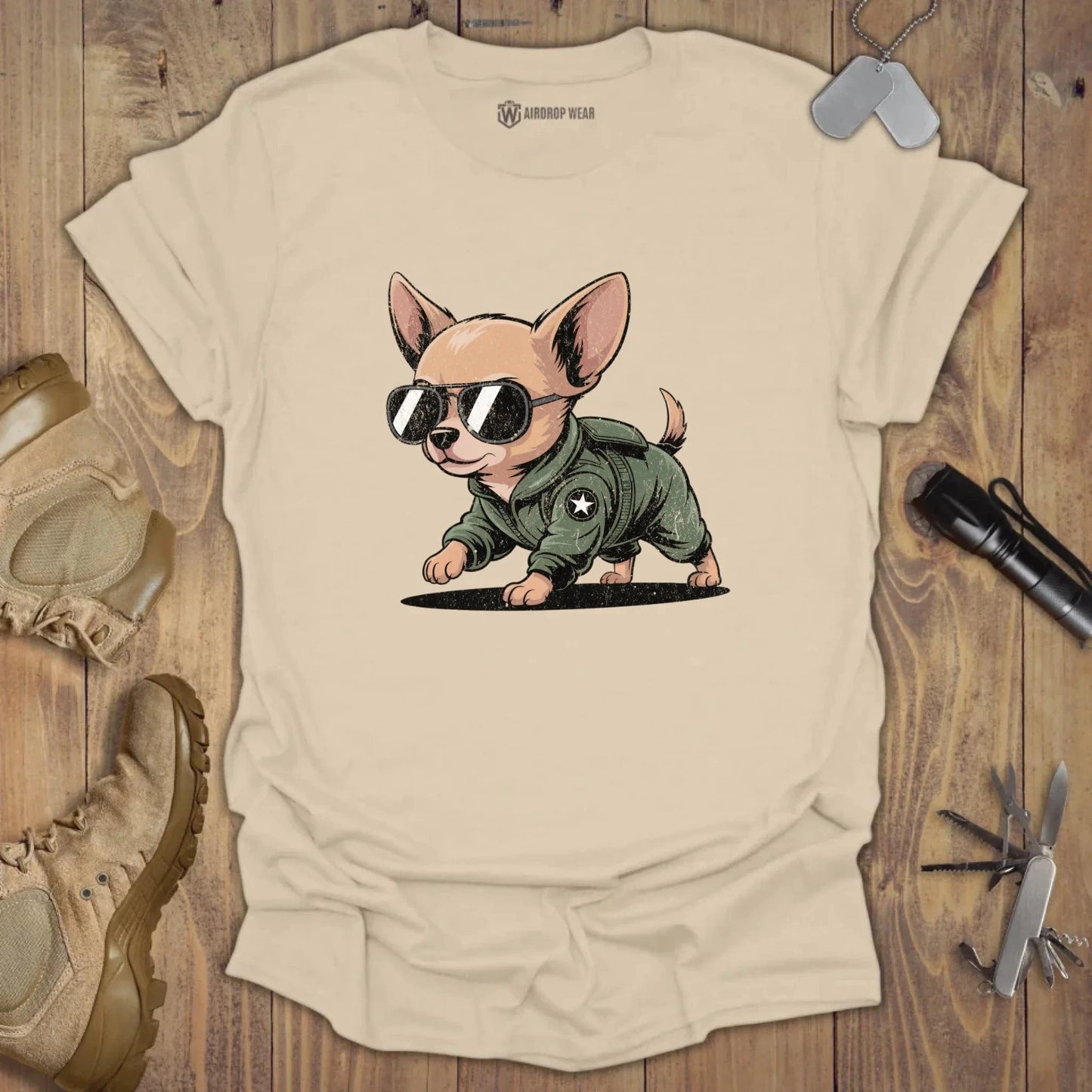Fighter Pilot Chihuahua T-shirt Sand