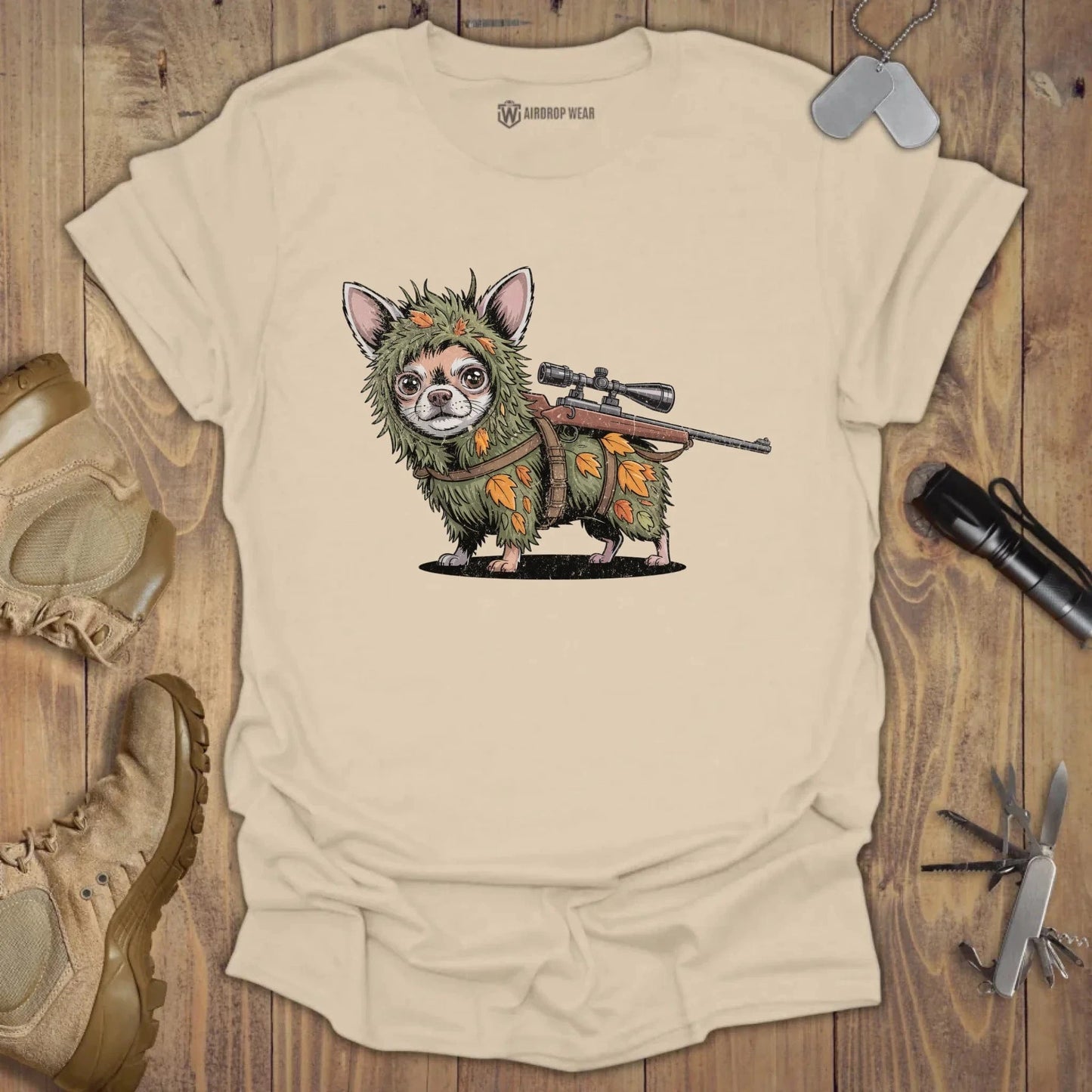 Sniper Chihuahua T-shirt Sand