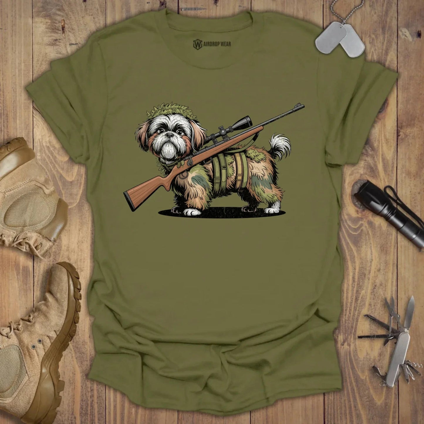 Sniper Shih Tzu T-shirt Military Green
