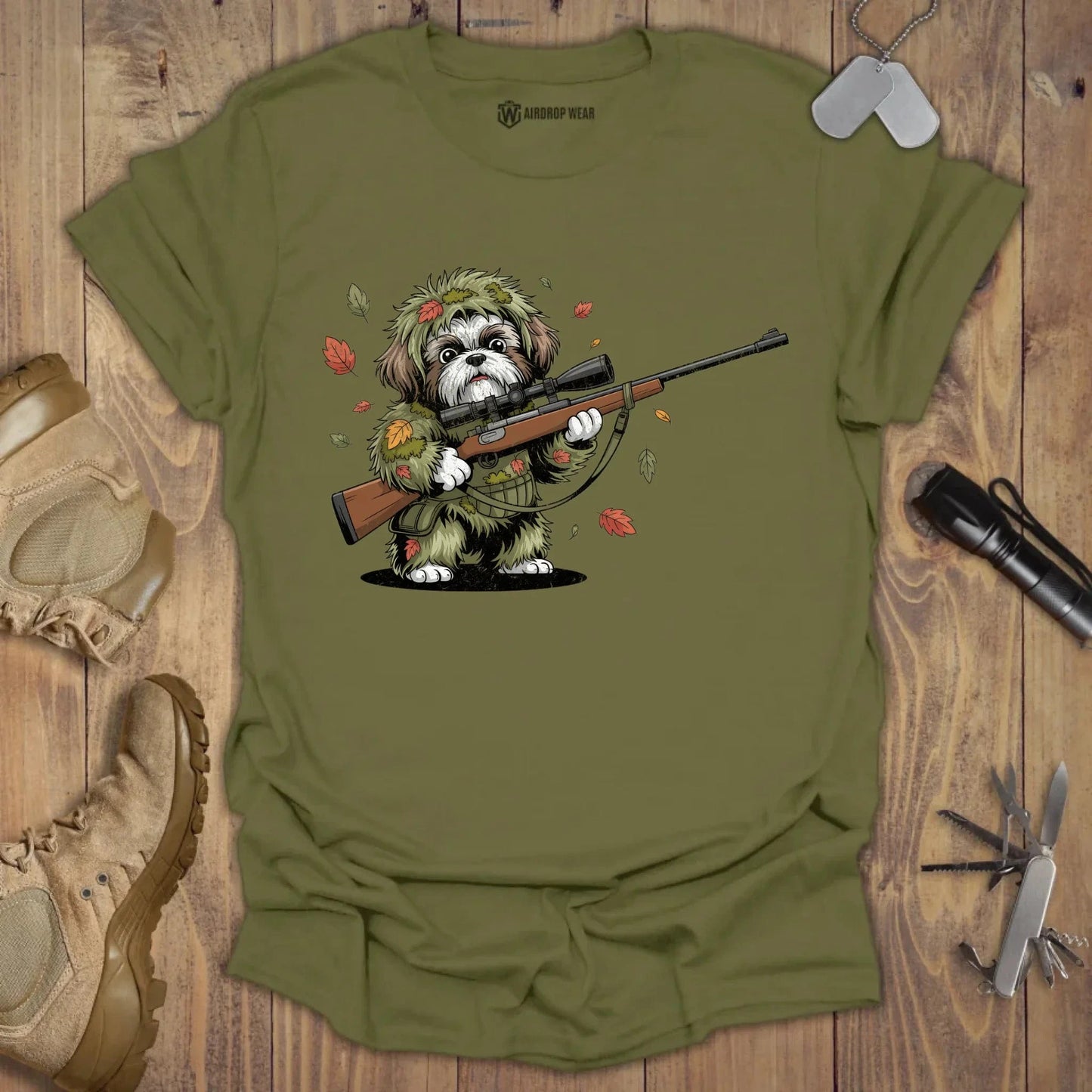 Sniper Shih Tzu T-shirt Military Green