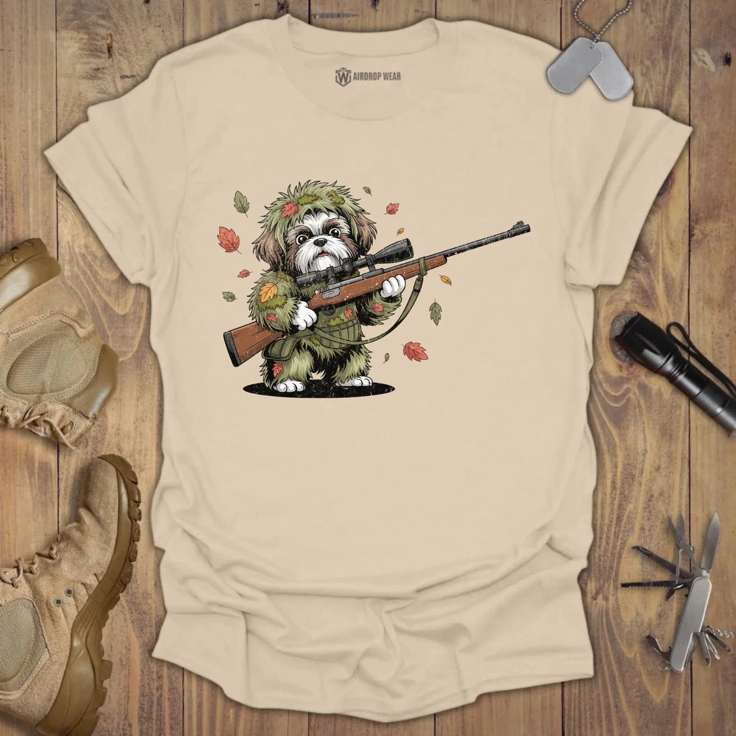 Sniper Shih Tzu T-shirt Sand