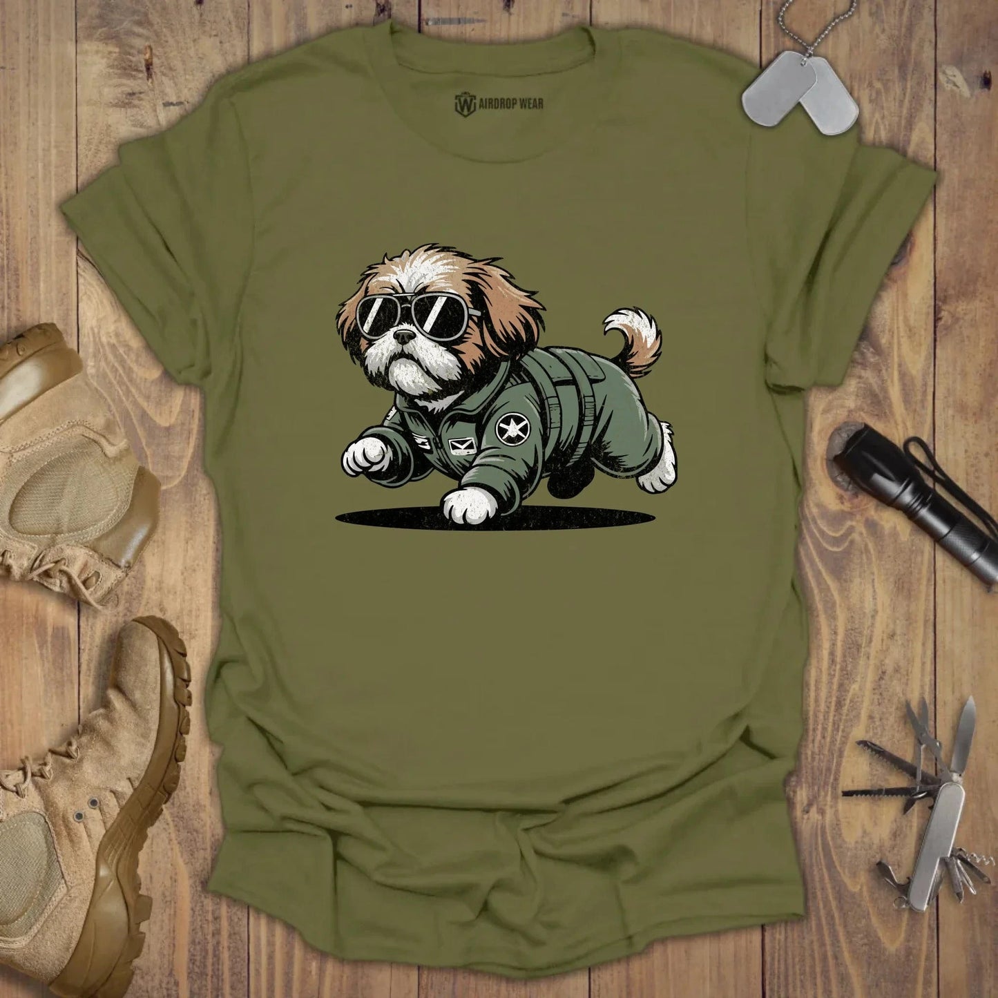 Fighter Pilot Shih Tzu T-shirt Military Green